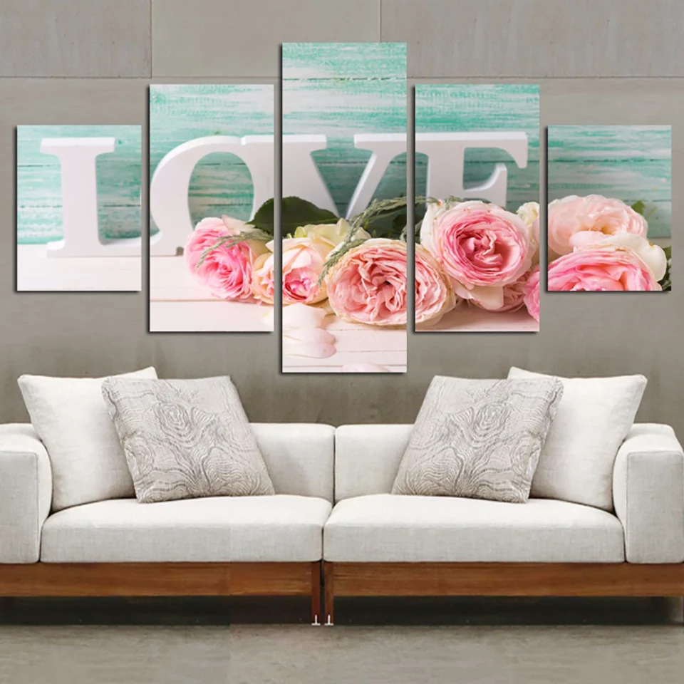 Настенная художественная картина в рамке, модульные картины, HD печать, 5 панелей, Любовное слово и розовые цветы, холст, плакат, домашний декор, гостиная