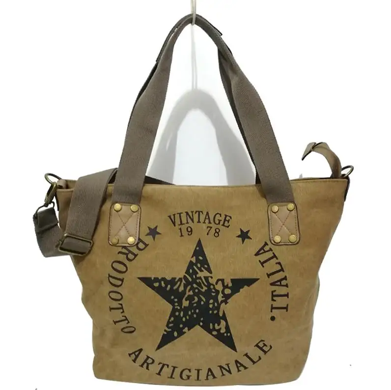 2022 BIG STAR PRINTING VINTAGE CANVAS SHOULDER BAGS Women Travel Tote Factory Outlet Plus Size Multifunctional Bolsos