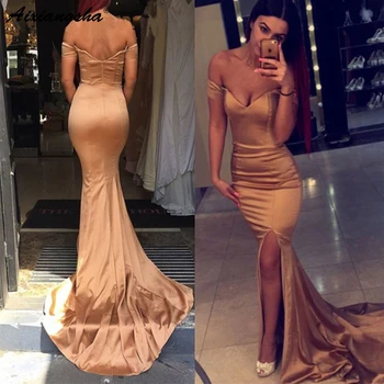 

Sexy Mermaid Prom Dress Long Off Shoulder V Neck Open Back Formal Womens Evening Dresses High Slit Satin vestidos de gala