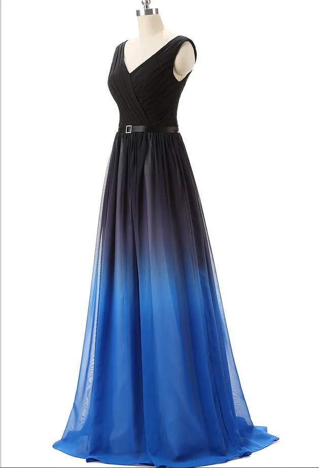 Lanxirui вечерние платья с v-образным вырезом Элегантные градиентные гофрированные длинные шифоновые женские торжественное платье для званого обеда со складками - Цвет: Синий