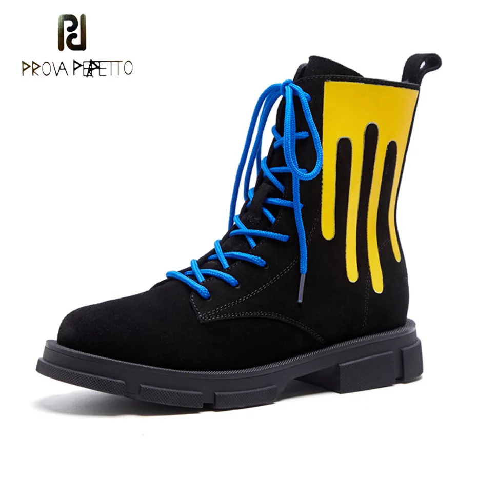 

Prova Perfetto fashion mixed color suede leather martin boots round toe low heel lace up leisure style autumn winter short boots