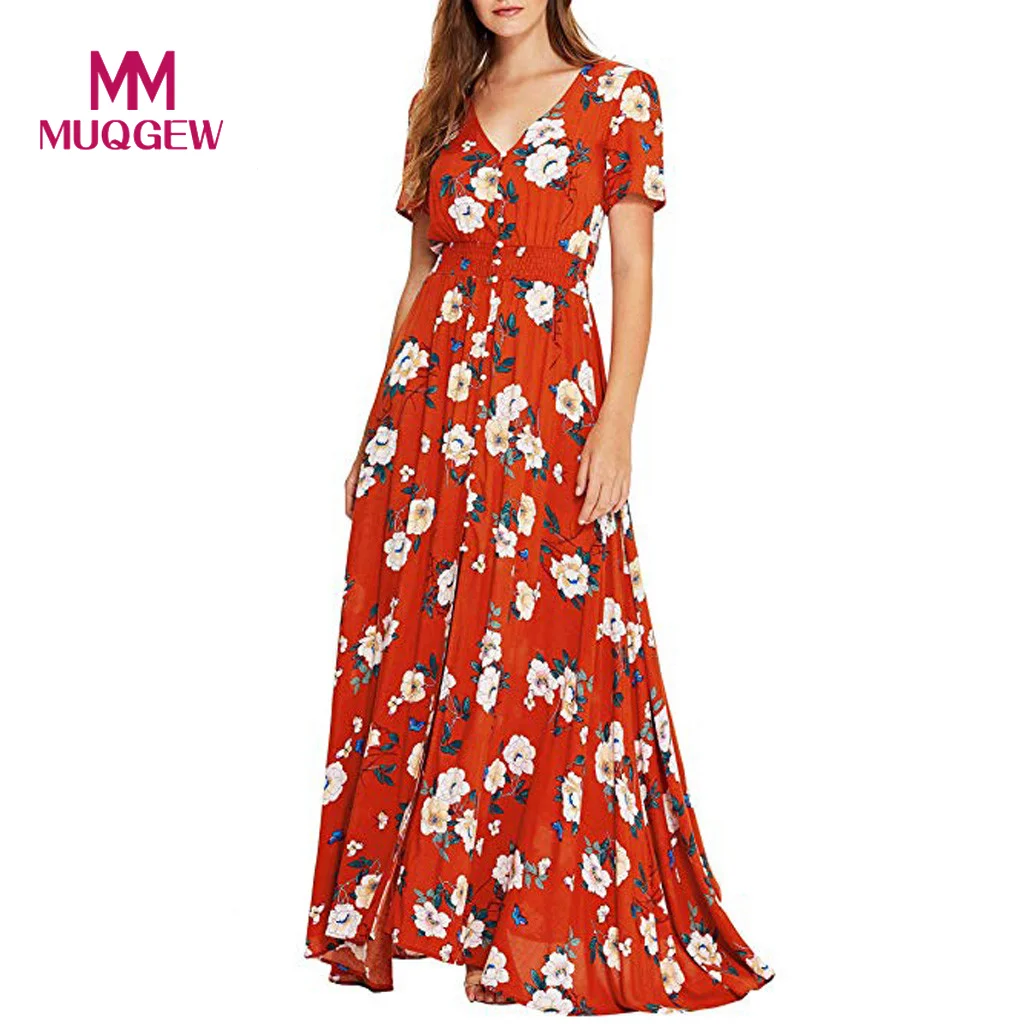 

MUQGEW Summer Dress Women Floral Print Button Up Split Flowy Party Floral Print Chiffon Dress Slim Maxi vestido de festa longo