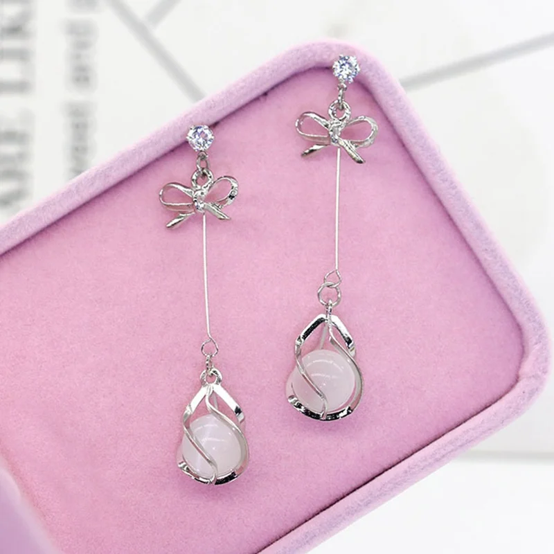 

Trendy Elegant Bowknot Crystal Long Tassel Round Opal Pendant Earrings For Women Fashion Zirconia Statement Jewelry