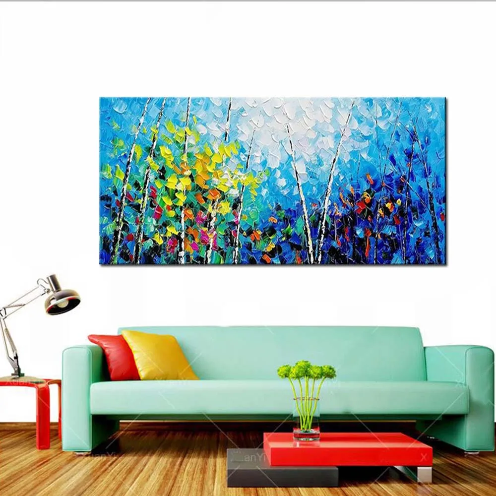  Hand Painted Canvas Oil Painting Abstract Blue Palette Knife Forest Landscape Wall Picture Living R - 32885004273