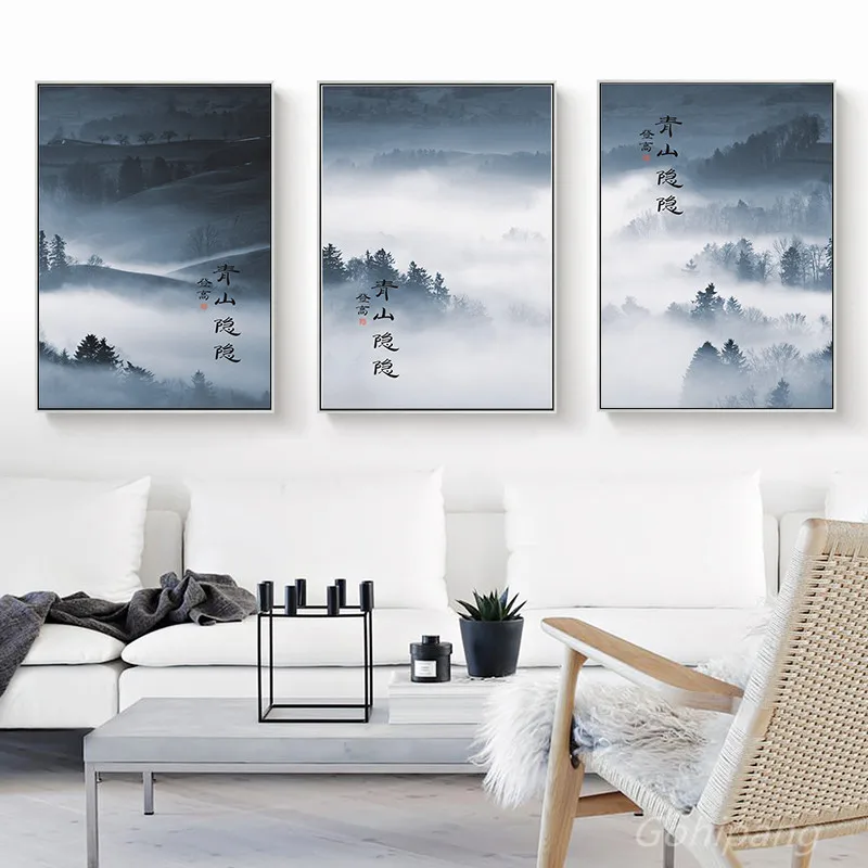 Traditional-Chinese-Characters-Scenery-Poster-Canvas-Painting-Mountain-Fog-Picture-Art-Print-Living-Room-Study-Decor