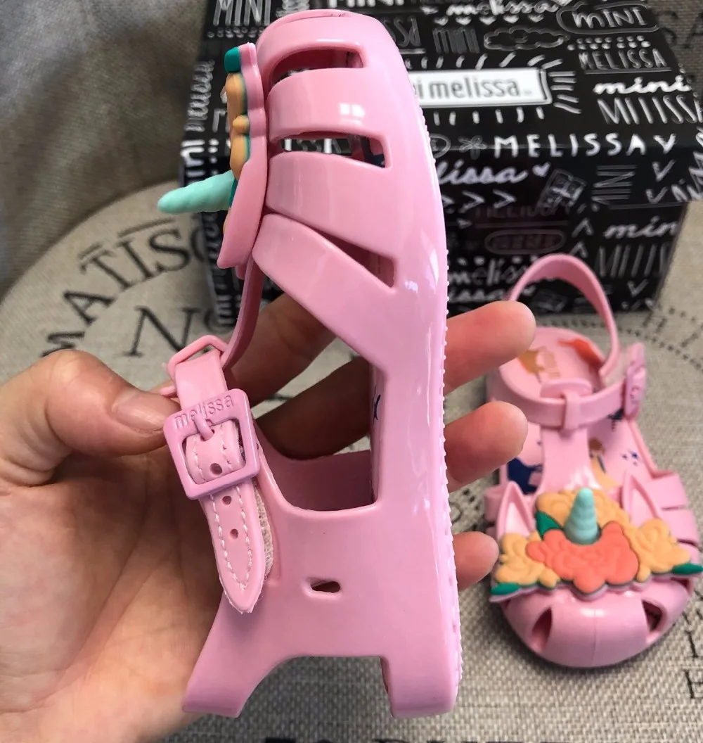 Mini Melissa/ оригинальные брендовые прозрачные сандалии с единорогом и цветами для девочек; римские сандалии для девочек; нескользящие сандалии Melissa для малышей