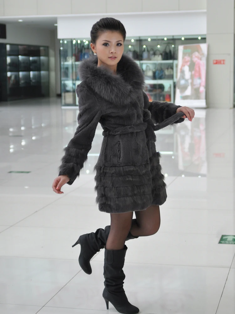 best winter jackets Real natural genuine full pelt rabbit fur coat with big fox fur collar women fashion whole skin jacket long down coat womens