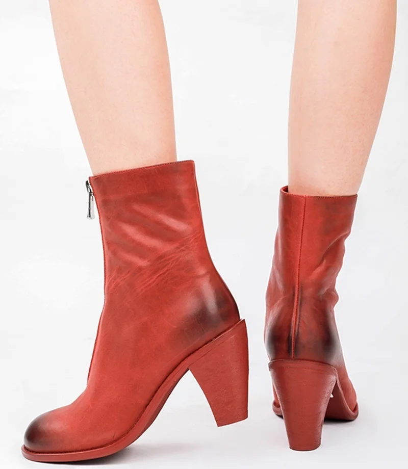 

Cow Leather Retro Red Boots Chunky Spike Heel Women's Shoes Britsh Style European Ankle Boots Fashion Black White High Heels NEW