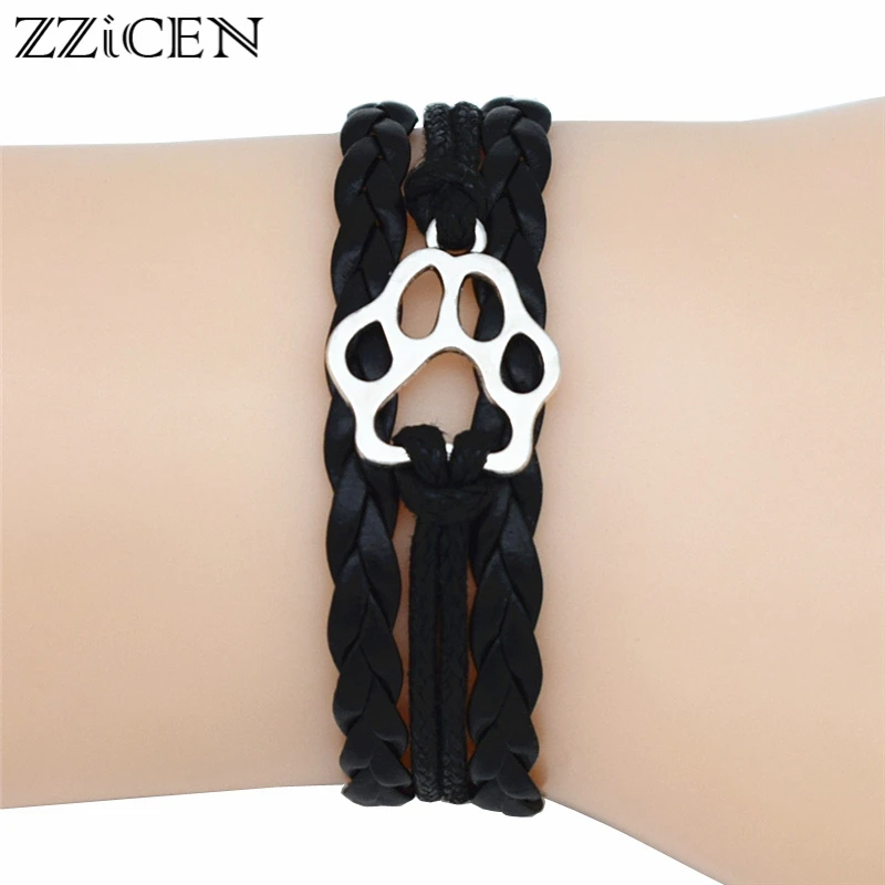 

4 Colors New Best Friends Gifts for Women Men Antique Silver Pets Dog's Paw Charm Leather Wrap Bracelets for Dog Lovers Jewelry