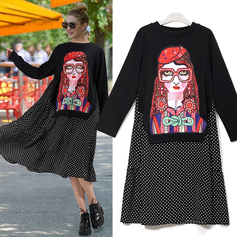Skup Nowy 2019 jesienno zimowa damska czarna casualowa kreskówka sukienka Polka nadruk w kropki z długim rękawem damska śliczna luźna Midi sukienka femme 3243