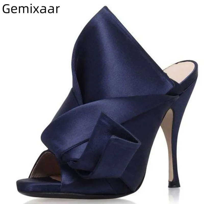 

Satin Slides Shoes Woman Peep Toe Multy Jelly Color Thin High Heels Footwear Elegant Decor Butterfly-knot Women Runway Slippers