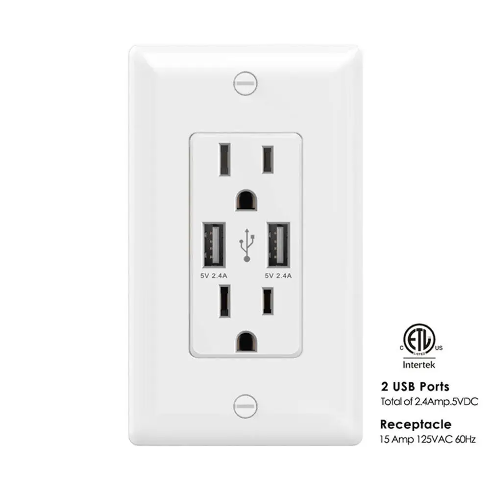 

15Amp White USB 1.1/2.0/3.0 Socket Durability Plug with Mounting Screws Practicality Gadget Wall Outlet Conventional