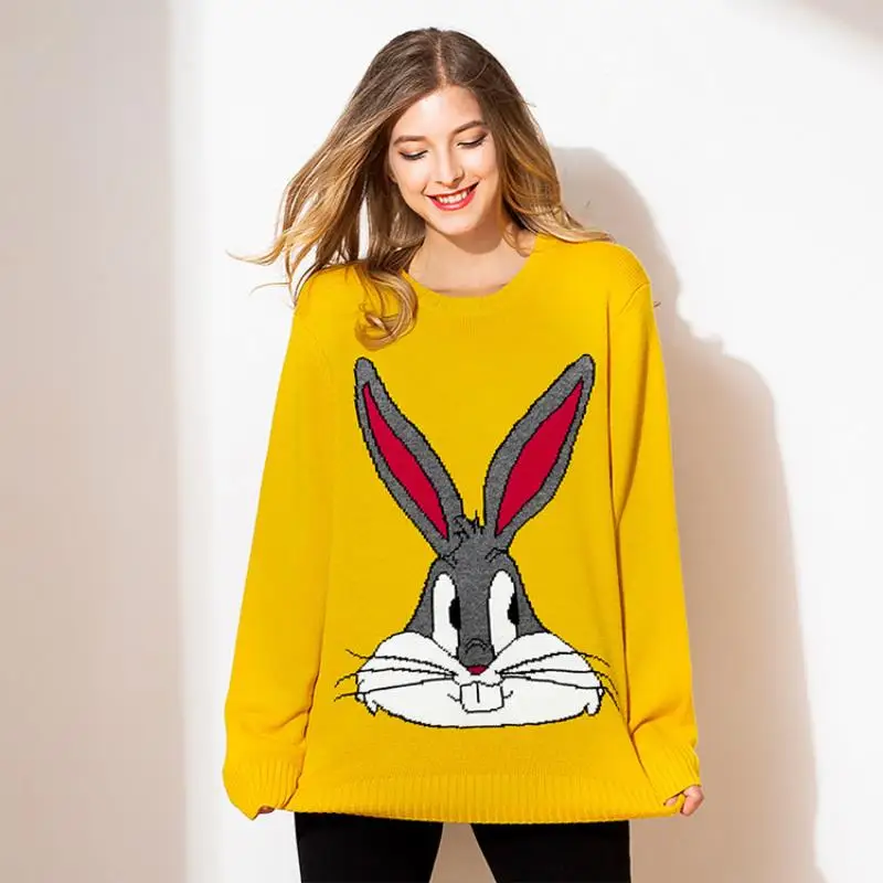 Женский осенне-зимний свободный свитер с круглым вырезом, вышитый мультяшным большим Кроликом, модный простой удобный пуловер, джемпер, топы