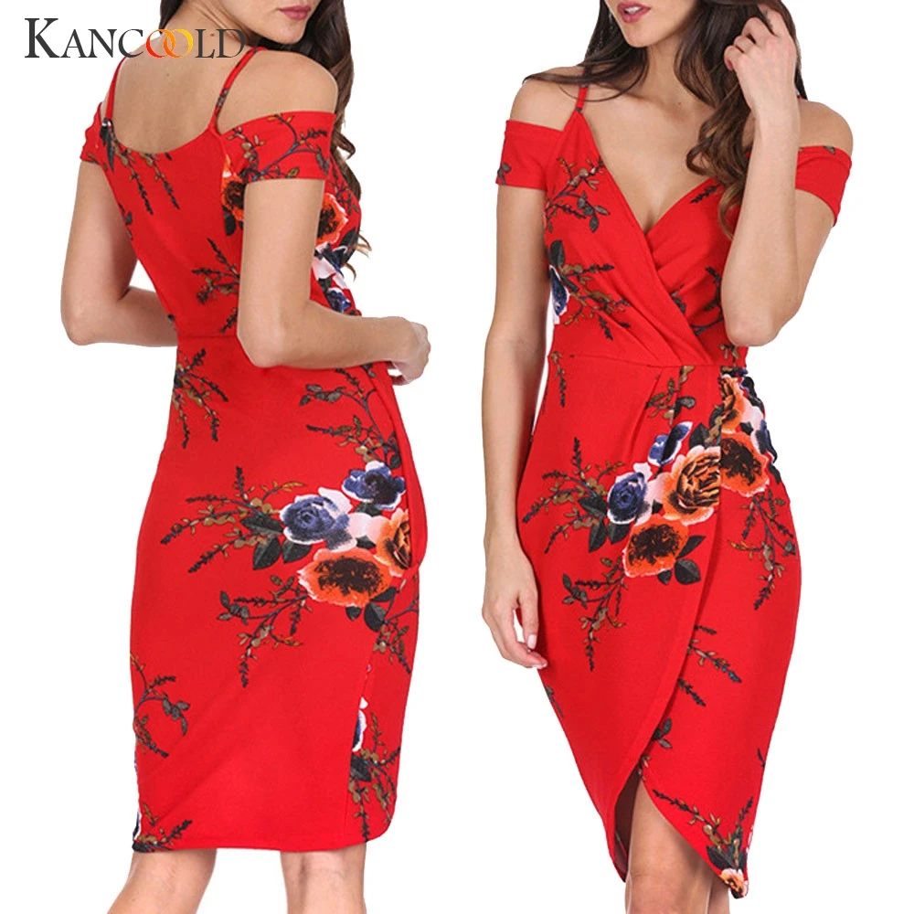 KANCOOLD/женское платье с цветочным принтом и v-образным вырезом; платье с открытыми плечами без рукавов для вечеринки; Модное новое платье для женщин; 2019JAN24