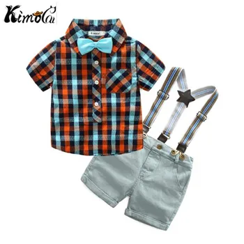 

Kimocat Summer dress the new gentleman boy's short - sleeve checked shirt denim trousers with a cotton suit