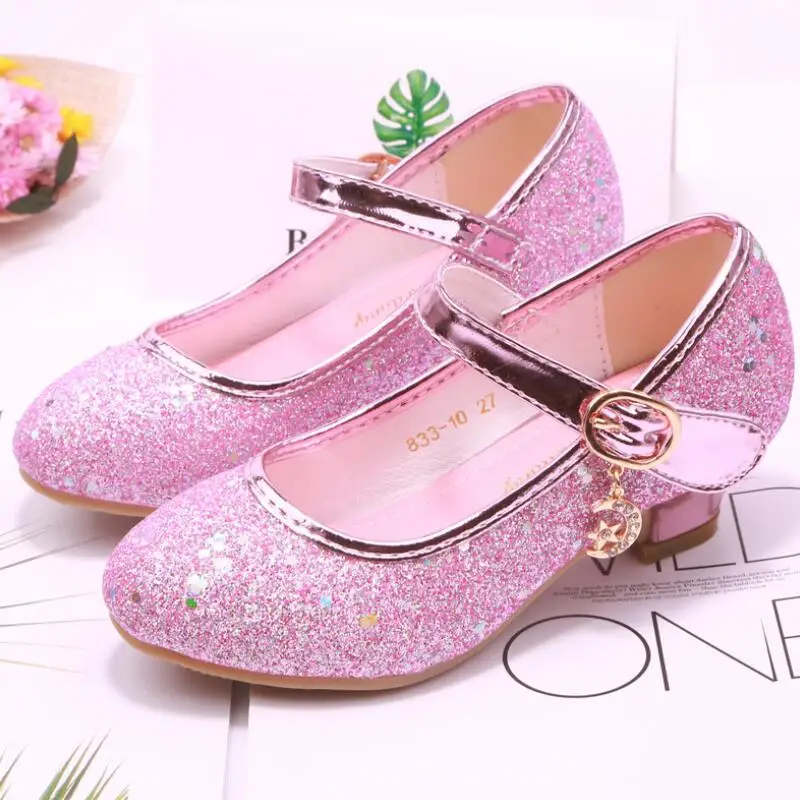 

SKHEK Girls Summer Sandals Sequined Chaussure Fille Princesse Children High Heel Party Dress Shoes Leather Slipper For Kids