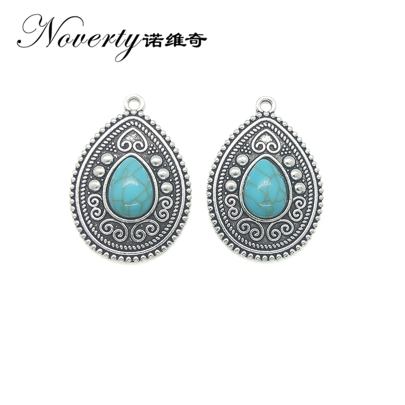 

New 2pieces/bag 38*27MM Retro Zinc Alloy Inlaid Acrylic Green Bead Water Drop Pendant for DIY Jewelry Necklace Accessories Gifts