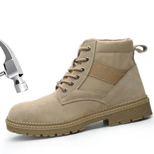 Мужская Рабочая защитная обувь из натуральной кожи со стальным носком; Мужские дышащие уличные прочные строительные защитные сапоги