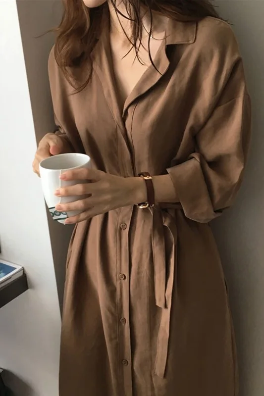 

Women Shirt Dress Turn Down Collar Solid Straight Belted Ankle Length Dresses Females Spring Summer Long Sleeves Loose OL Dress