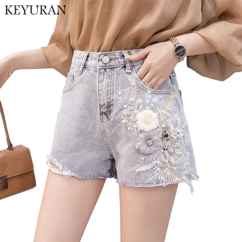

2019 New Summer Fashion Boyfriend Women Embridery Ripped Hole Denim Hot Jeans Shorts Loose Female Woman Appliques Jeans Shorts