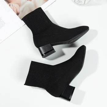 

Socks and boots 2018 autumn/winter new skinny boot spring boot women's mid-length stocking boot yarn knit boot middle heel ankle
