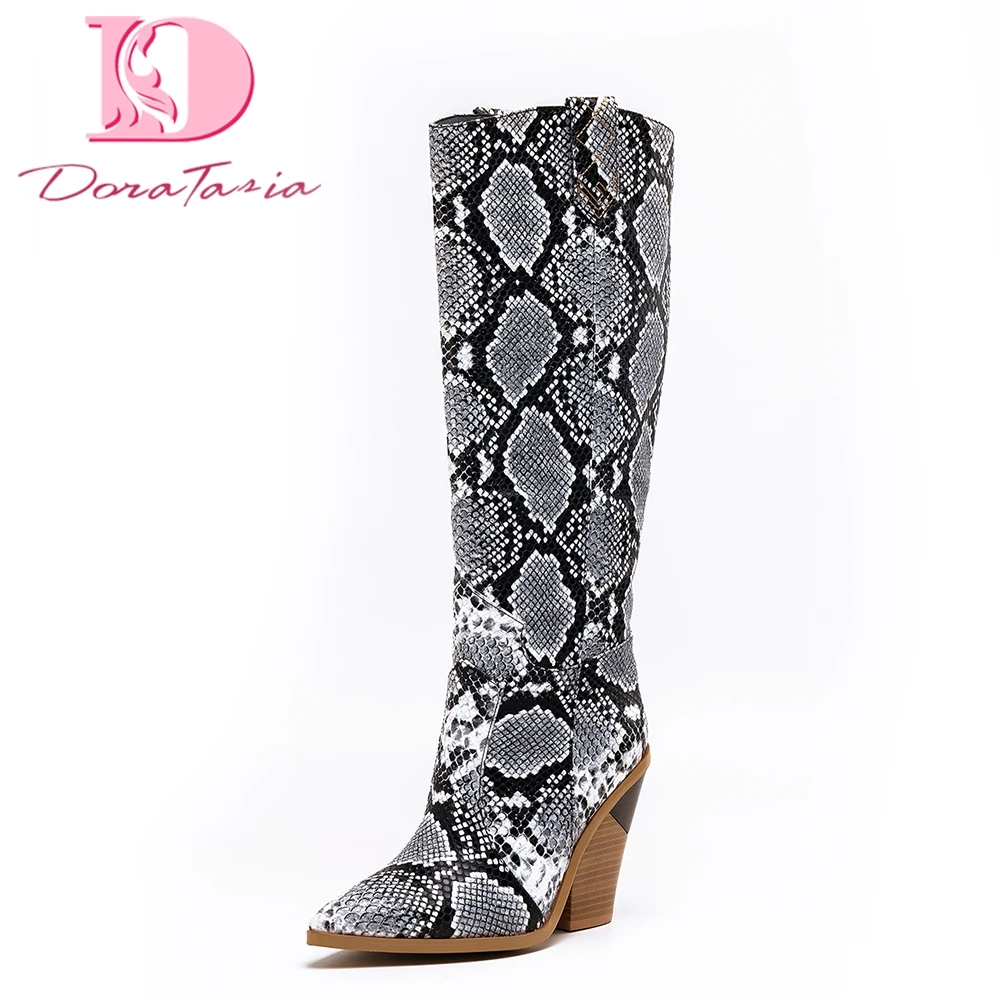 

Large Size 46 Fashion Top Quality Pointed Toe Knee High Boots Women Shoes Black Snake High Heeled Boots Female Shoes Woman