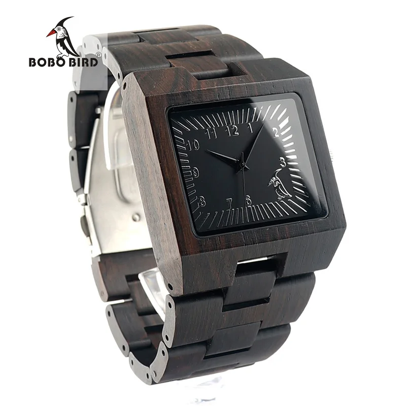 BOBO BIRD Luxury Top Brand Mens Watches All Black Wood Strap Japan Movement Quartz Wrist Watch relogio masculin C-L23