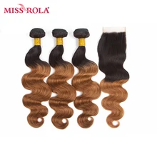 Miss Rola Hair Pre-colord Indian Body Wave Hair Weaving 3 Bundles With Closure #T1B/30 Color 100% Human Non-Remy Hair Extension