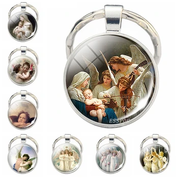 

Virgin and Angels Glass Keychain Virgin Mary Glass Cabochon Pendant Angels Metal Key Chain Fashion Jewelry for Men Women Gift