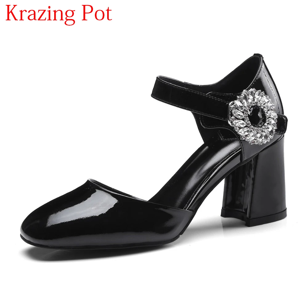 

2018 Fashion Genuine Leather Metal Buckle Strap Crystal High Heel Square Toe Office Lady Shallow Elegant Women Pumps Shoes L21