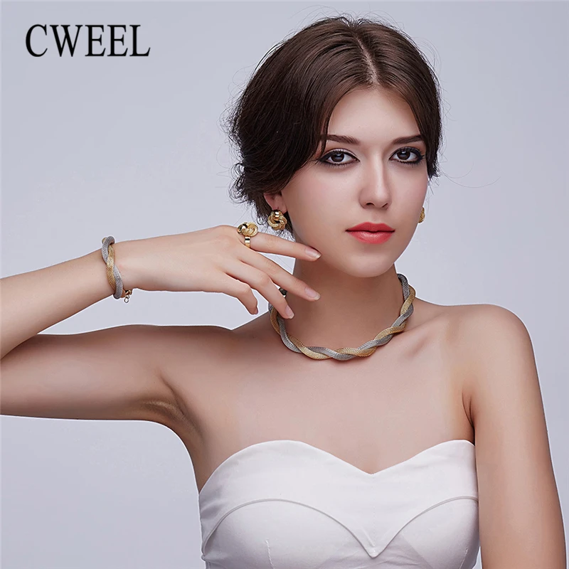 

CWEEL Jewelry Set For Women Gold Color Indian African Beads Jewelry Set Wedding Necklace Bridal Dubai Ethiopian Jewellery