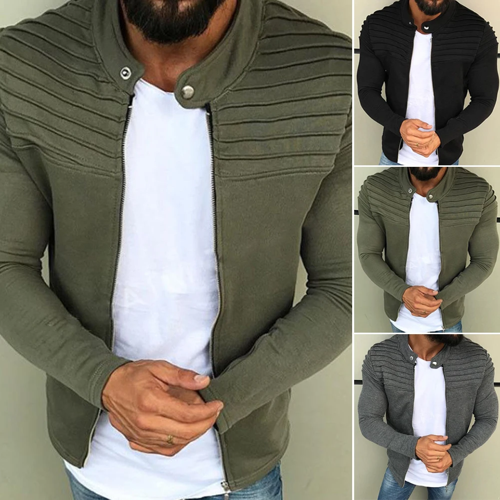 New Men's Winter Zip up Slim Collar Shoulder Ruched Jacket Tops Long Sleeve Casual Coat Outerwear Fleece jacket