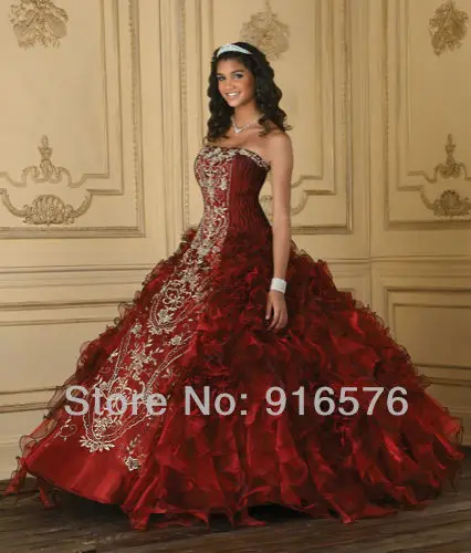 Бальное платье Quinceanera Платья Вино Красное Платье Вышивка Без Бретелек Органзы