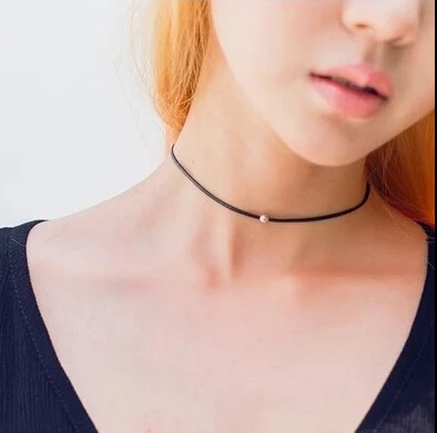 N124 Free shipping Punk Thin Black Rope Metal Beads Short Black Chokers Necklaces .