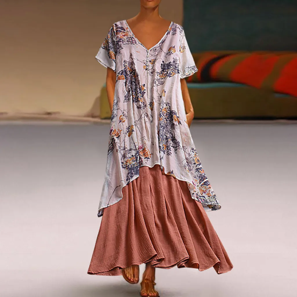 

Women Vintage Bohemian Print Floral Dress Casual Short Sleeve V-Neck Maxi Dress Streetwear