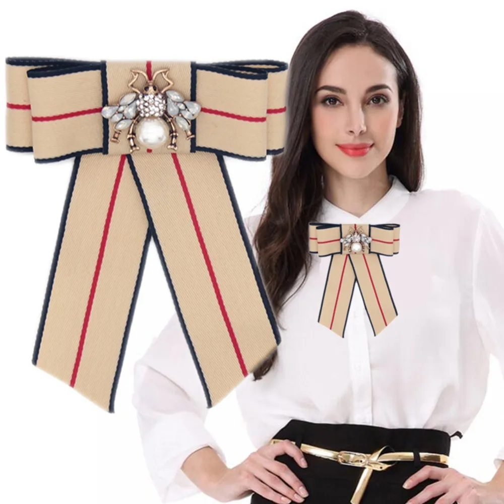 

Free Fan Ribbon Rhinestone Bee Bow Tie Collar Brooch Trendy Women Bow Brooch For Women Party Wedding Gift Broche
