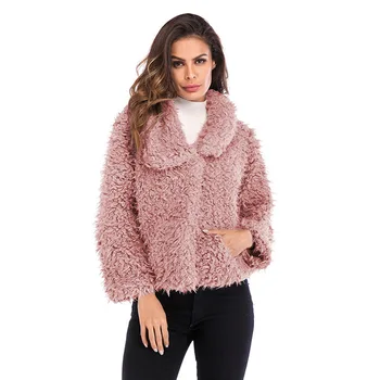 

2019 Winter Wool Overcoat Warm Outerwear Women Pink Faux Fur Coat Turn Down Collar Long Sleeve Short Slim Cardigan Women Outwear