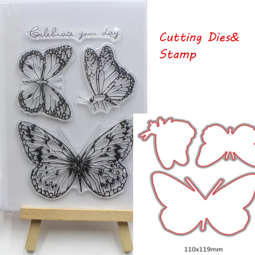 

Beautiful Butterfly Pattern Transparent Clear Stamps + Metal Cutting Dies Stencils Scrapbooking Embossing for DIY Crafts