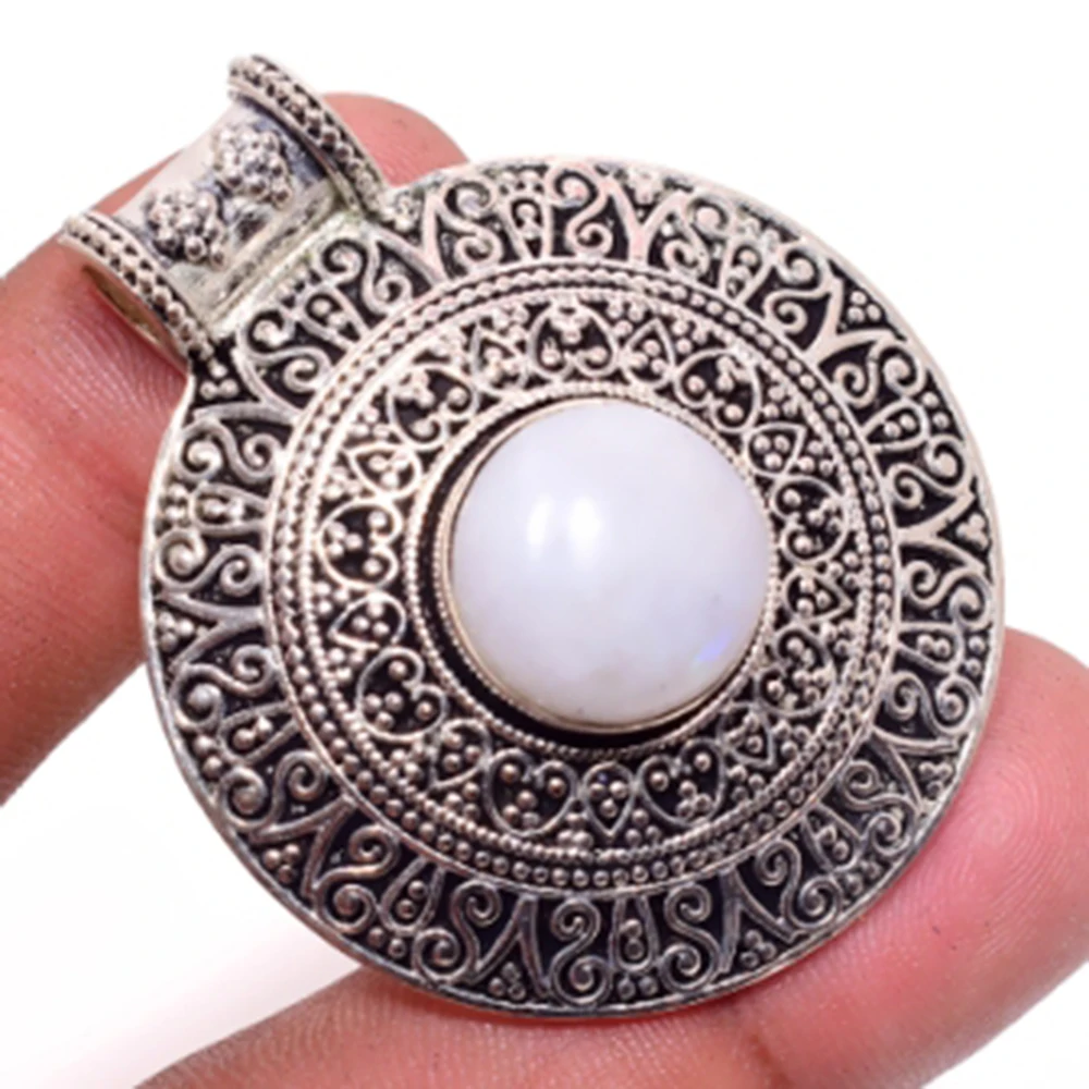 

Rainbow Moonstone Pendant Silver Overlay over Copper, 47 mm , P6085