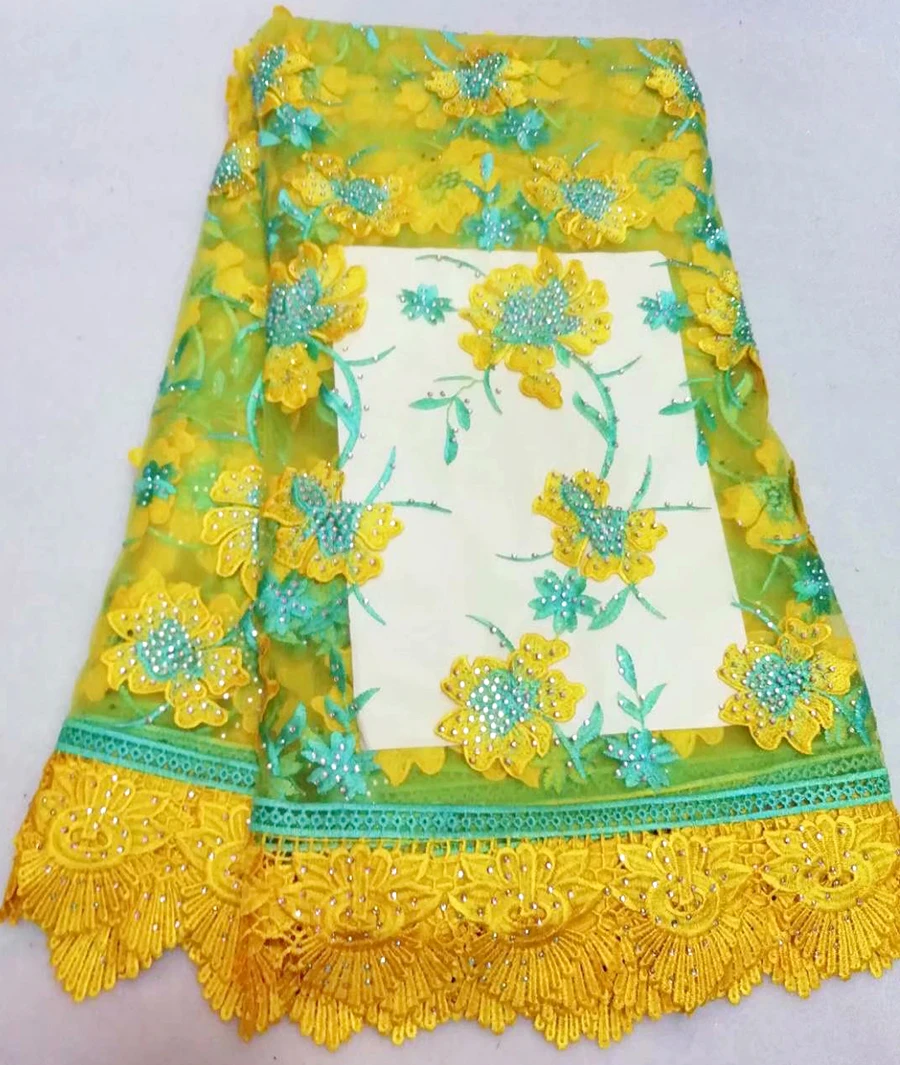 

yellow African Lace Fabric Embroidered 3d Flower Nigerian Lace Fabrics High Quality Lovely French Lace Fabric For Dress