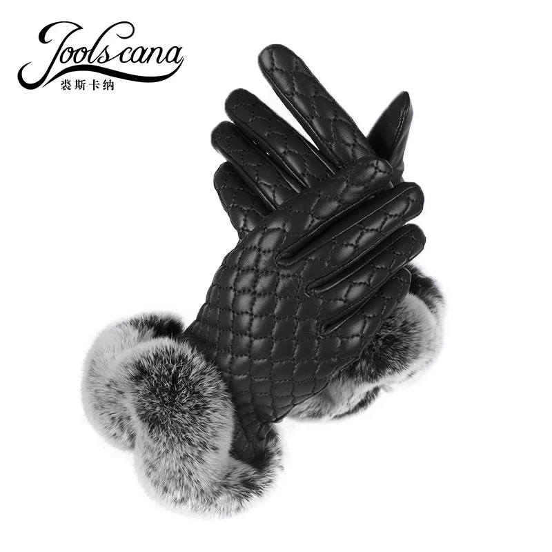 JOOLSCANA female leather gloves women winter gloves with winter rabbit