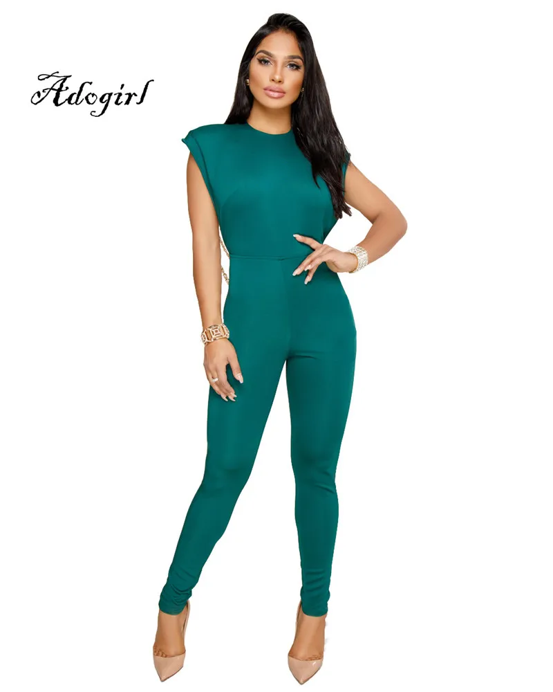 Adogirl 2018 Spring Sexy Back Pearl Chain Women Jumpsuit Green-3