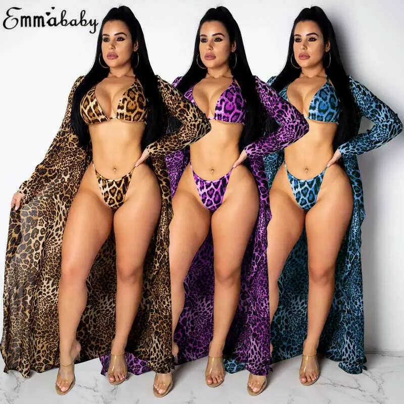 Günstig 2019 sommer Bikini 3 PCS Sommer Bademode Frauen Leopard Print Bikini Strand Tragen Bikini Set Bademode + Cover Up Candigan badeanzug