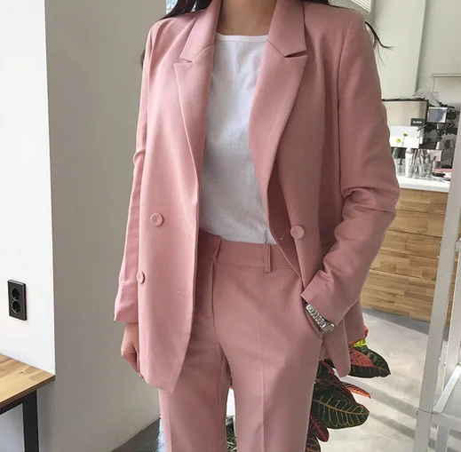

New Korean Version Double-breasted Suit Jacket High Waist Leisure Nine-piece Trousers Two-piece /SET Women