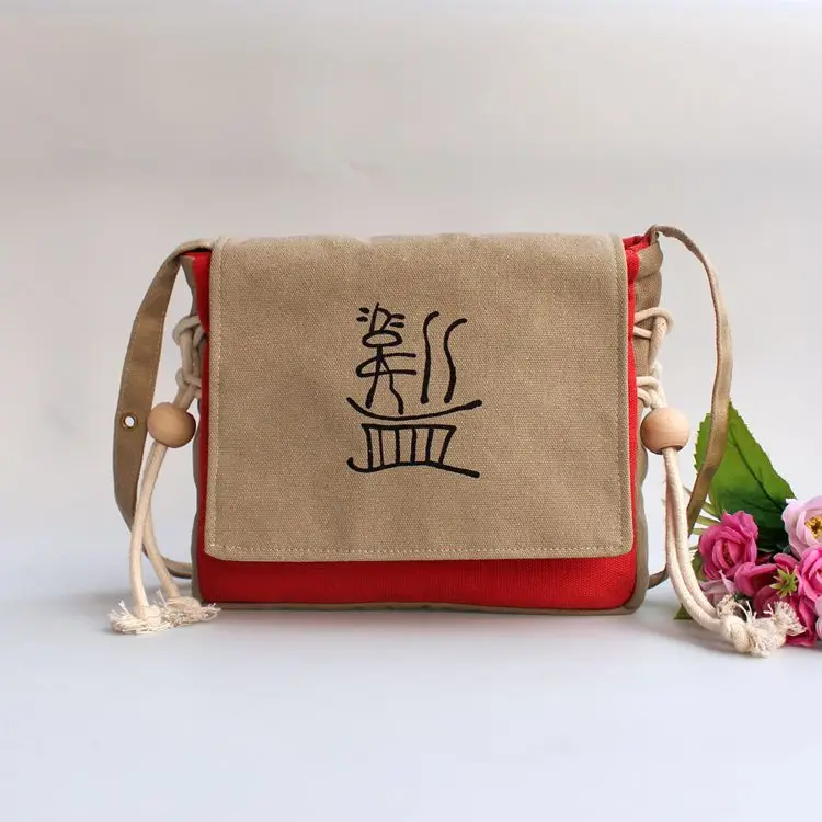 

Asian Ethnic Folk Embroidery Graffiti Letter Funny Wooden Beads Tassel Canvas Shoulder Bag Messenger Crossbody Student Mori Girl