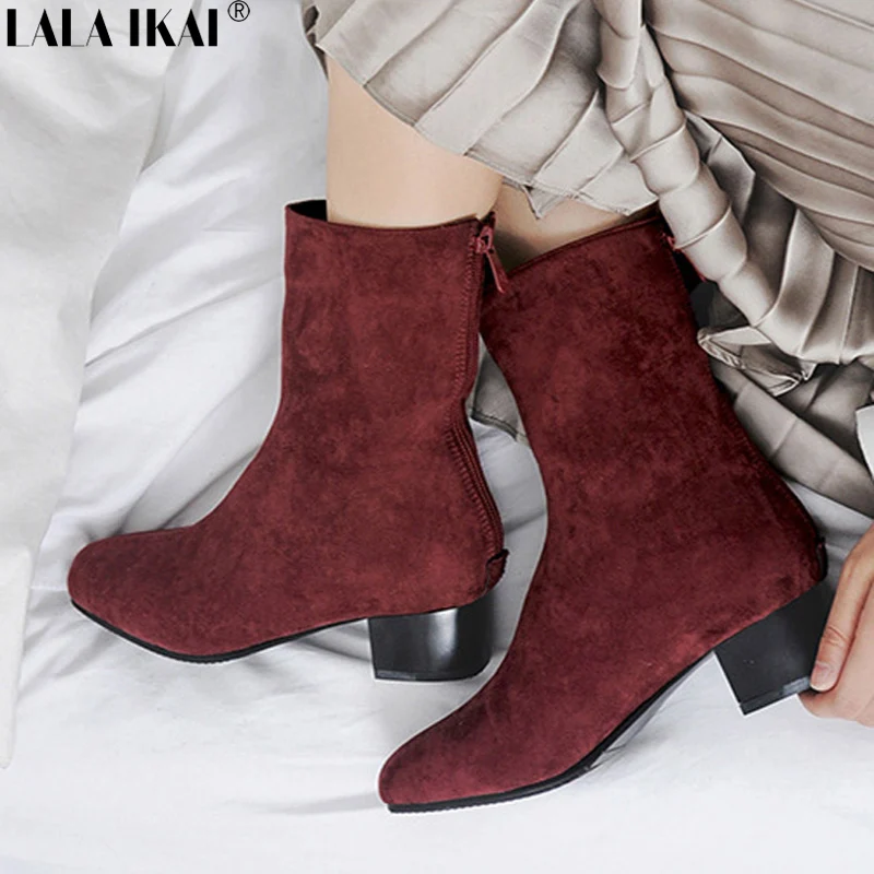 

LALA IKAI Women Boots Autumn Winter Boots Square Heels Pointed Toe Flock Zipper Ladies Ankle Boots Femininas XWC2272-45