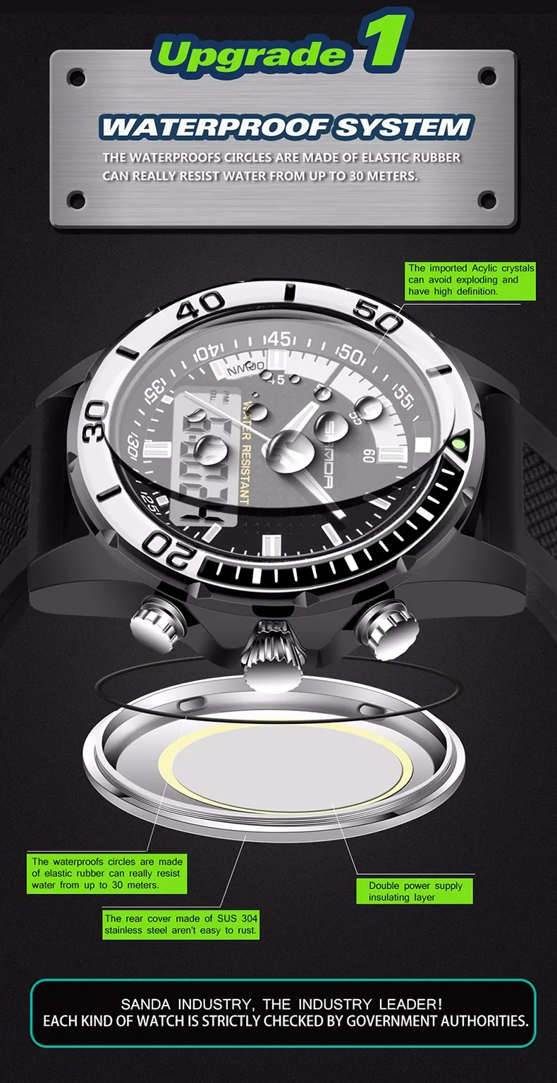 Heren Horloge Merk SANDA спортивные Duiken светодиодный дисплей Horloge модная повседневная Резиновая лента Horloge Mannen Montre Homme Relogio