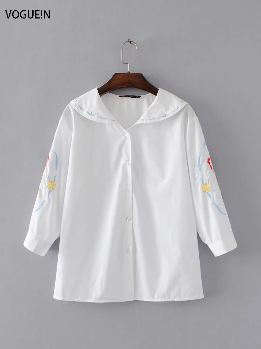 

VOGUEIN New Womens Animal Cock Embroidered 3/4 Sleeve Lapel White Blouse Tops Shirt Size SML Wholesale