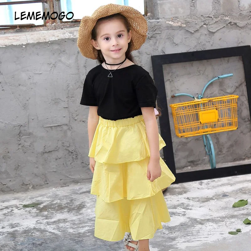 

lememogo 2018 Summer Cotton Clothing Sets Girls Kids Baby black Vest +Cake Skirt 2pcs Suit For Girl Children Ribbon Clothes Set