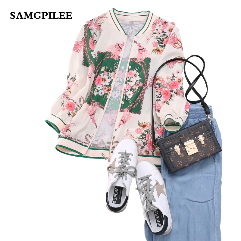 

Casaco Hot Sale 2019 New Summer Casual Full Sleeve Print V-neck Single Breasted Slim Thin Women Jackets L-3xl